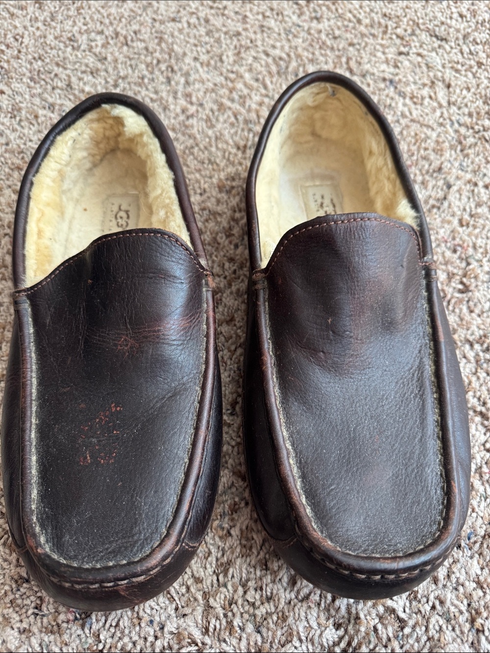 UGG Men’s Dark Brown Leather Slip-On Loafers with Shearling Lining